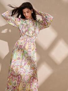 Anewsta 女式腰帶褶皺蕾絲腰彩色襯衫袖假日連衣裙，長袖款 - 彩色 - 查看 6