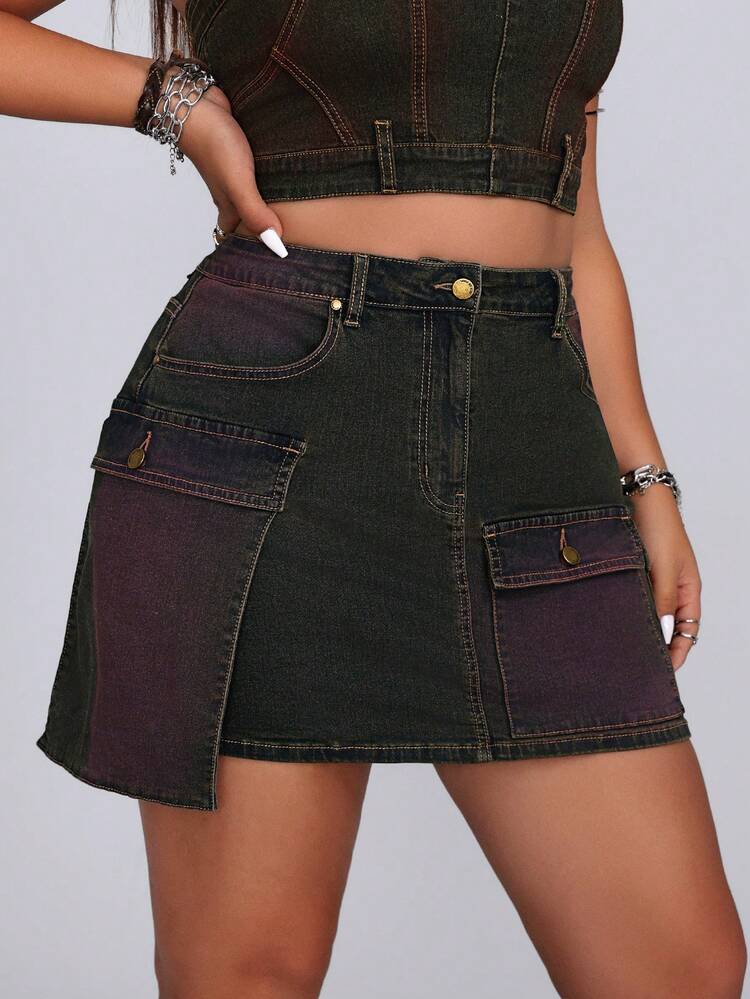 Plus Size Women's Simple Solid Color Daily Denim Skirt