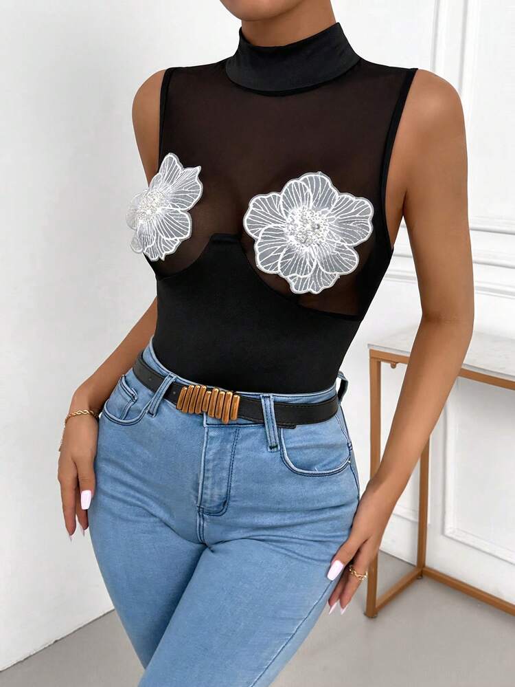 Fashionable Sequined Flower Applique Mesh Splice Stand Collar Sleeveless Bodysuit For Summer