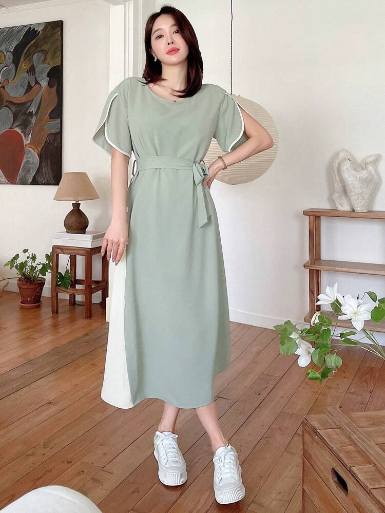 Ladies' Color Block Simple Round Neck Daily Dress Summer Sundress,Casual Women Dresses Easter Maxi Dress