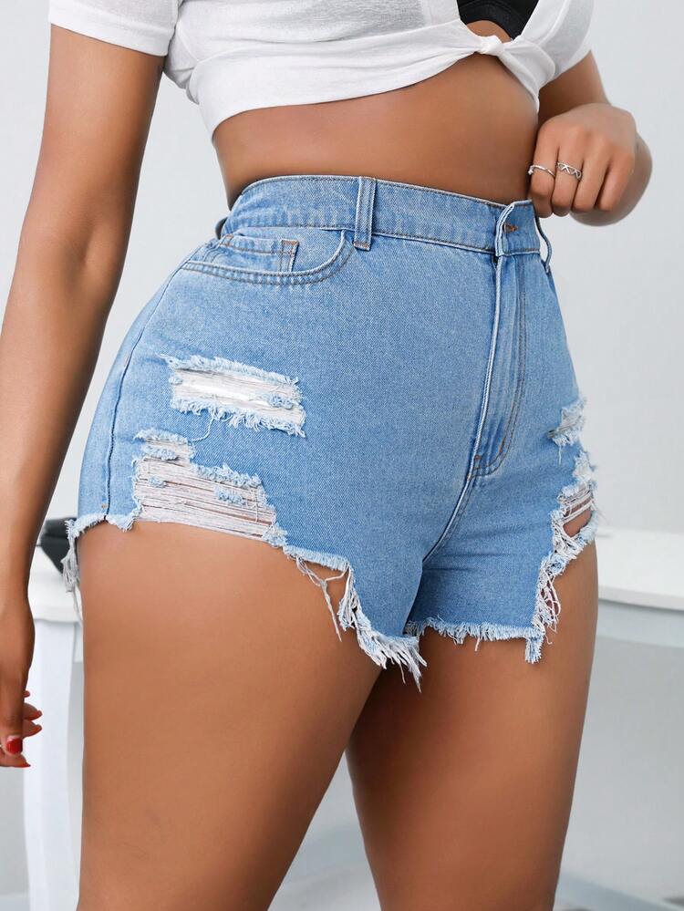 Plus Size Sexy Distressed Denim Shorts Without Elasticity