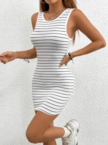 SHEIN PETITE Vestido de moda para mujer sin mangas con rayas - Blanco - Ver 5