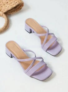 女士紫色高跟凉鞋，穆勒鞋款式，带趾带和踝带，优雅粗跟PU皮鞋，春夏穿搭 - 紫色 - 查看 2