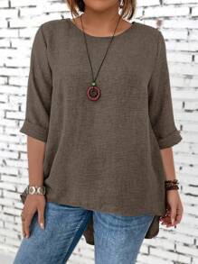 大码圆领纯色休闲中袖衬衫，适合日常夏季穿着 - 鏽棕色 - 查看 1