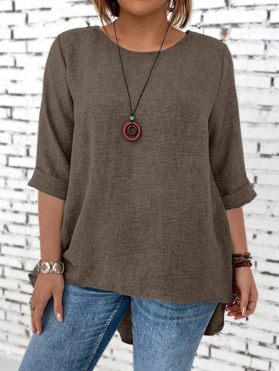 大码圆领纯色休闲中袖衬衫，适合日常夏季穿着 - 鏽棕色 - 查看 1