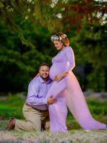 Maternity Long Sleeve Floor-Mounting Mesh Dress For Photoshoot Baby Shower