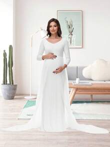 JustVH Maternity Long Sleeve Floor-Length Mesh Dress, Suitable For Baby Photoshoot And Baby Shower Spring White - White - View 8