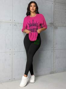 Ensemble de 2 pièces avec T-shirt à manches courtes imprimé couronne et lettres, et leggings. Mode polyvalente, printemps/été - Rose vif - Voir 3