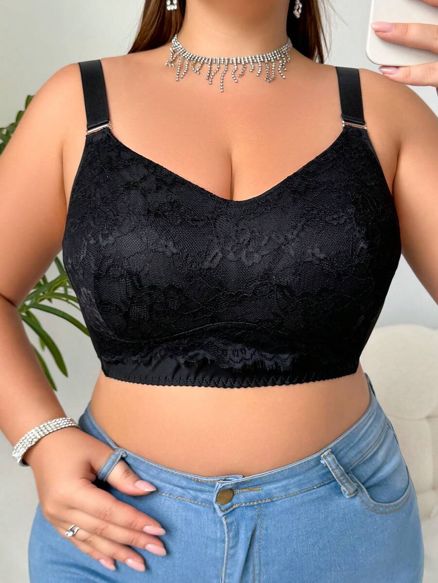 Plus Size Women Solid Color Lace Bralette, Lift - Black - View 1