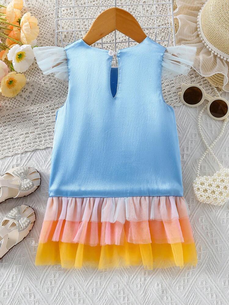 Fashionable Color Block Cap Sleeve Rainbow Striped Dress For Baby Girls