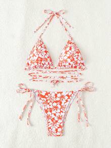 SHEIN Swim 女性花卉印花領結性感比基尼套裝，適用於度假，隨機印花 - 粉色 - 查看 4