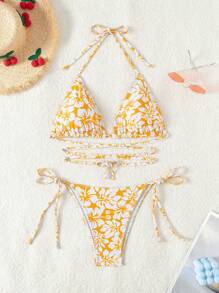 SHEIN Swim 女士节日花卉印花露背性感比基尼套装，比基尼套装分体。（随机印花），夏季海滩 - 黃色 - 查看 3