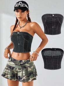 SHEIN EZwear Modny, dżinsowy top o dopasowanym kroju z blokami kolorów i dżinsowym topem, odpowiedni do wiosennych i letnich strojów