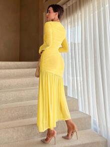 Aloruh Women's Round Neck Pleated Ruffle Hem Long Sleeve Dress For Summer - Yellow - View 2