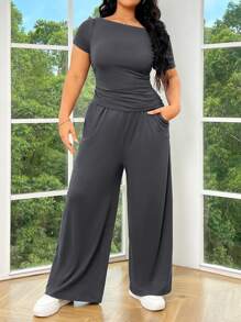 SHEIN EZwear 女士加大码不对称肩部宽松上衣和阔腿针织裤套装，深灰色 - 深灰色 - 查看 4