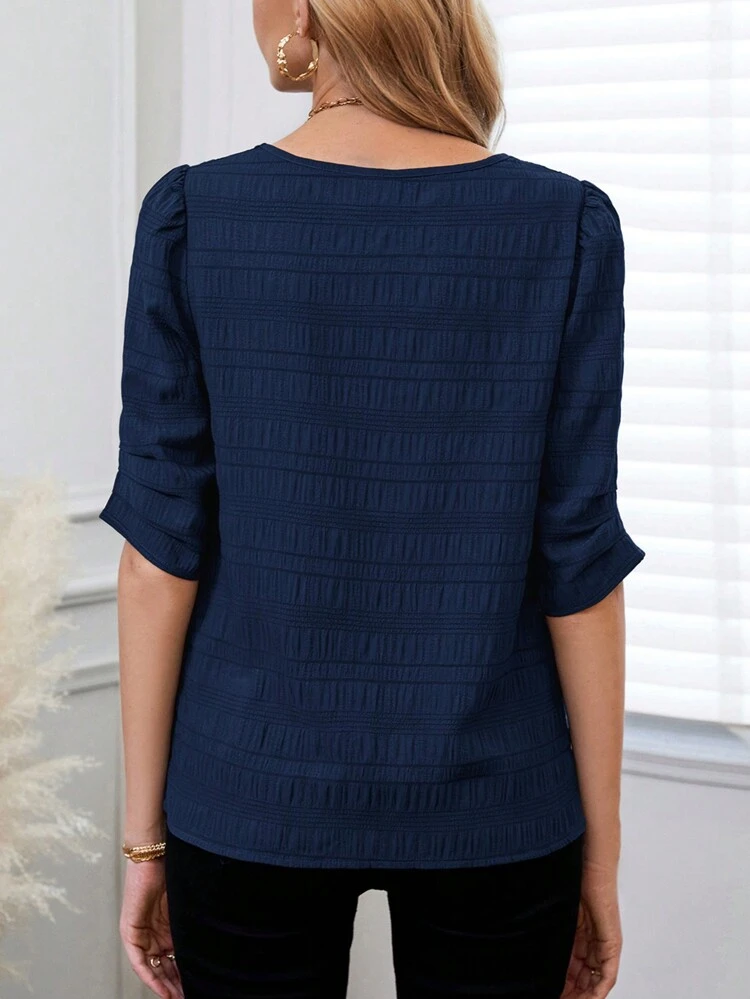 Women's Summer Solid Color Loose Fit Notched V-Neck Short Sleeve Shirt