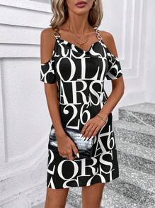 SHEIN Clasi Women's Summer Fashionable Letter & Number Printed Open Shoulder Spaghetti Strap Dress - Black and White - View 3