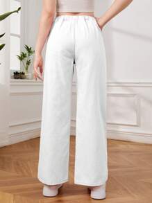 SHEIN Teen Girl Solid Color Elastic Waist Wide Leg Jeans With Pockets - White - View 2