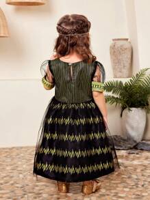 SHEIN Vestido largo de malla cómodo negro con patrón dorado para bebé niña de primavera y verano - Negro - Ver 2