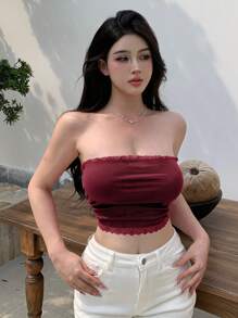 DAZY 女士简约纯色荷叶边下摆无袖上衣，适合日常休闲穿着、外出穿着，也可作为露脐上衣或返校季服装。 - 酒紅色 - 查看 2