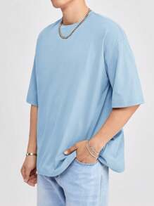 SWAVVY Men Loose Fit Solid Color Drop Shoulder T-Shirt, Summer - Baby Blue - View 6
