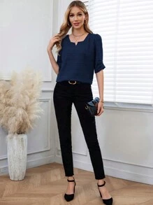 EMERY ROSE Women's Summer Solid Color Loose Fit Notched V-Neck Short Sleeve Shirt - Navy Blue - View 3