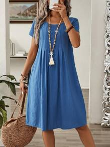EMERY ROSE Women's Summer Pleated Short Sleeve Casual Dress Linen Dress