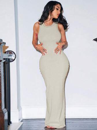 Vestido sin mangas de corte ajustado y cuello redondo en unicolor de moda