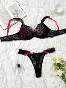 Mature Lace Plus Size Bra & Panty Lingerie Set, 2 Pieces/Set - Black - View 5