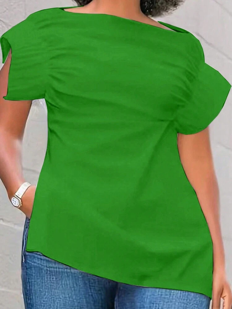 Women's Summer Casual Solid Color Ruched Asymmetrical Hem Shirt