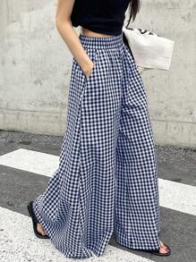 DAZY 女士时尚格子阔腿裤，松紧腰夏季，教师裤