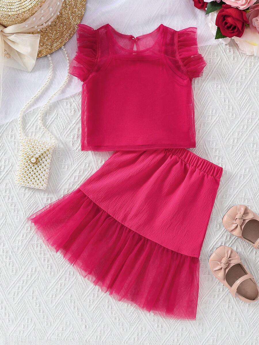 Conjunto de 3 piezas de verano para bebé niña con camiseta con cuello redondo, escote halter y falda con insertos de malla, todo de unicolor - Rosa Fucsia - Ver 1