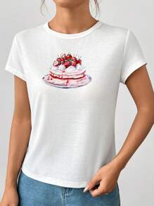 SHEIN EZwear Women's Casual Short Sleeve T-Shirt With Cupcake Print, Summer