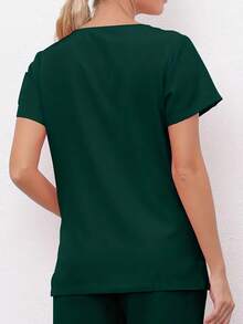 Solid Color Short Sleeve Top And Pants Scrub Uniform Set - Dark Green - View 2