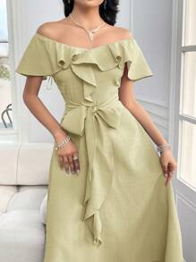 Modelyn Women's Summer Elegant Off Shoulder Knotted Waist Solid Color Splicing Ruffle Hem Dress Long Evening Dresses - Mustard Yellow - View 6