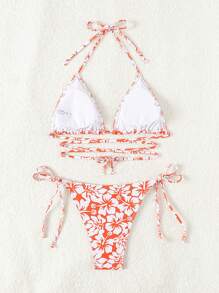 SHEIN Swim 女性花卉印花領結性感比基尼套裝，適用於度假，隨機印花 - 粉色 - 查看 2