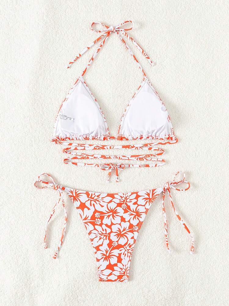 Women's Floral Print Halter Neck Tie Sexy Bikini Set For Vacation, Random Print,Summer Beach