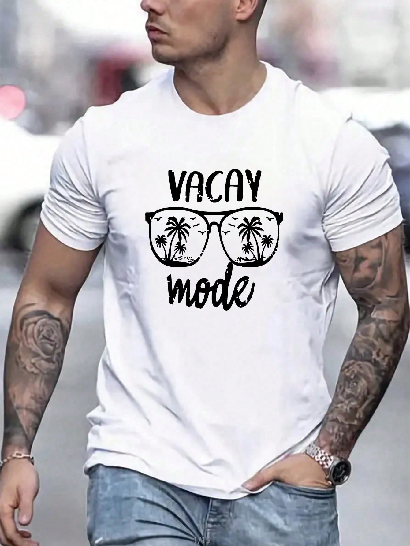 Men's Casual Letter & Glasses Graphic Round Neck Short Sleeve T-Shirt, Summer