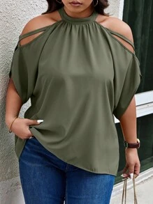 Calvaya Plus Size Solid Color Open Shoulder Casual Daily Wear Summer Shirt St Patrick Day - Army Green - View 5