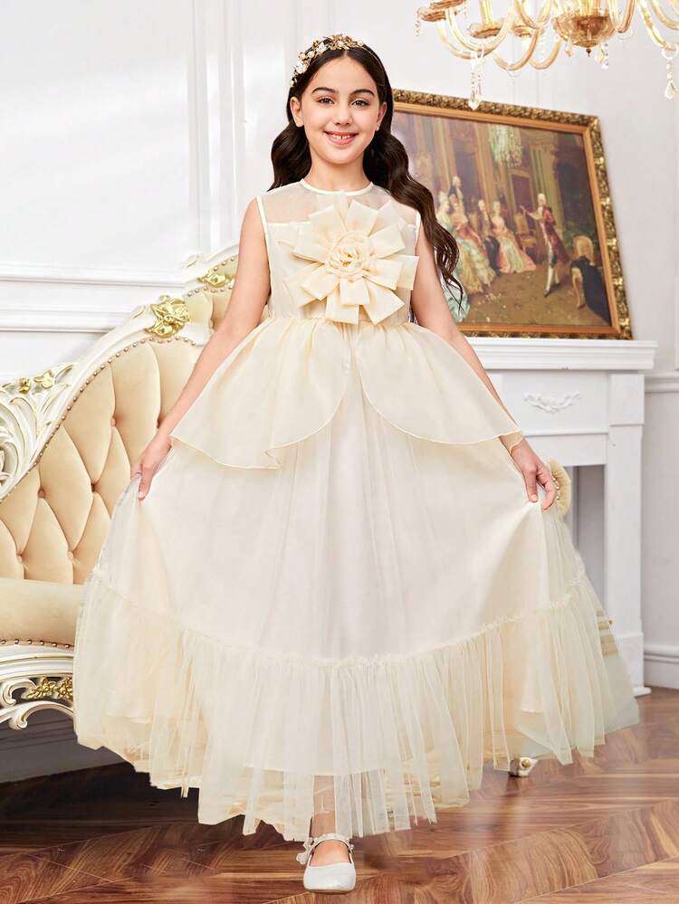 Tween Girl Round Neck Sleeveless Organza Floral 3d Flower Mesh Contrast Long Dress