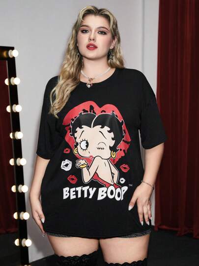 Betty Boop | ROMWE Plus Size Casual Cartoon Character And Letter Printed T-Shirt With Drop Shoulder For Summer