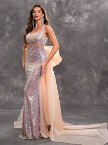 YISIKADO Vestido de noche elegante y formal para mujer con cuello corazón, espalda descubierta, lazo en la espalda, estilo sirena de tul y lentejuelas de lujo, ideal para graduación, cena