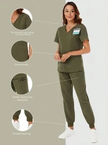 V領口袋上衣和有肋口袖子長褲護士制服套裝，護士衣套裝 - 軍綠色 - 查看 1