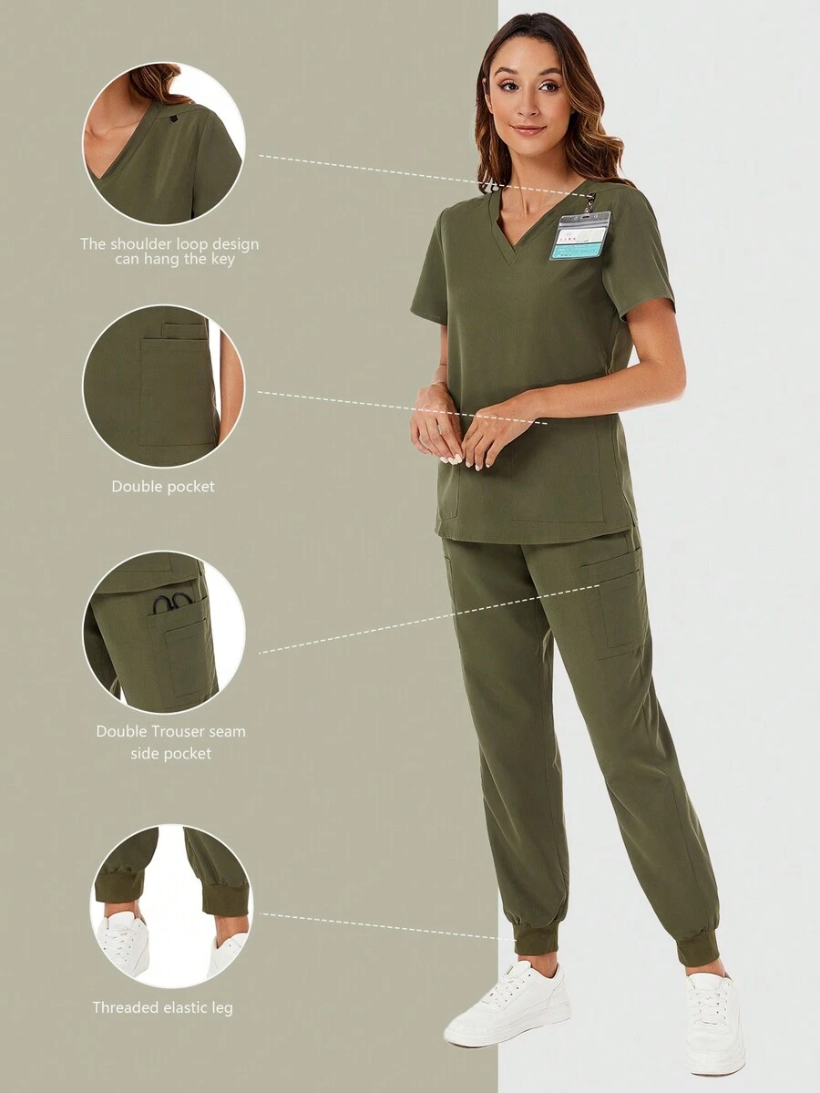 V領口袋上衣和有肋口袖子長褲護士制服套裝，護士衣套裝 - 軍綠色 - 查看 1