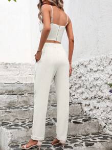 SHEIN Clasi Summer Linen Two-Piece Set With Pants And Pockets Women Linen Pants Old Money Style - Apricot - View 5
