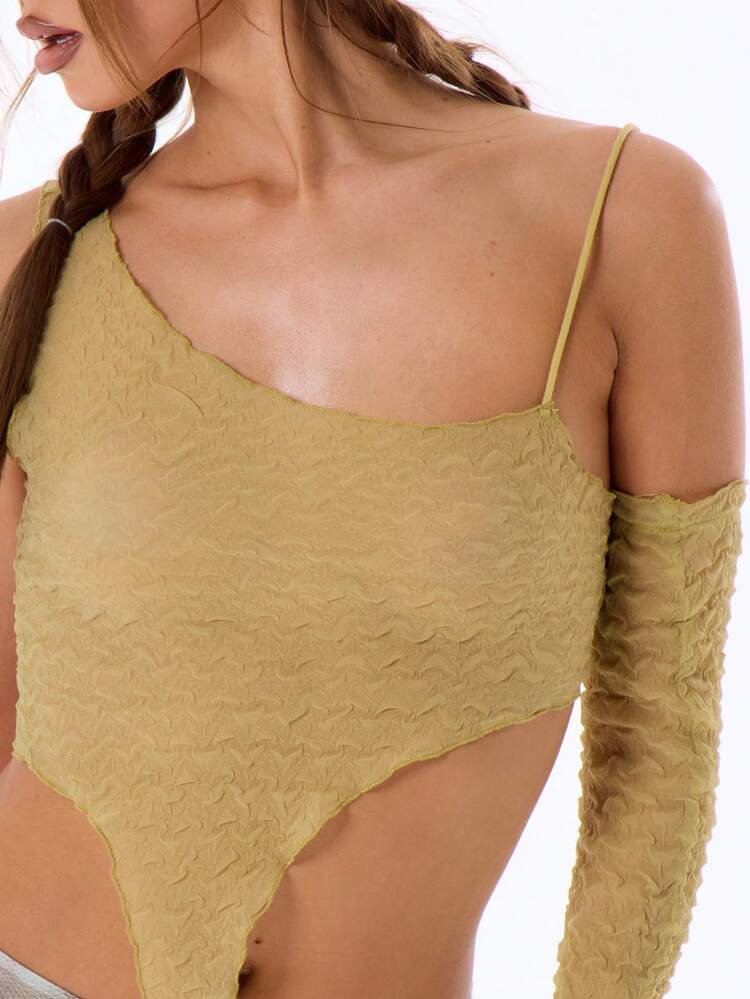 Sheer Crinkle One Sleeve Crop Top Summer Ibiza Festival Boho Spring Holiday