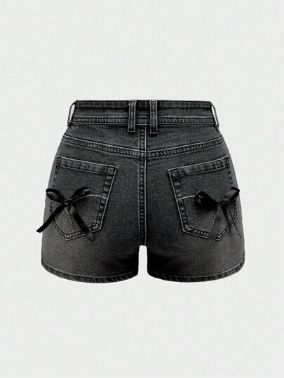 Kawaii Shorts estivi casual da donna lavati con fiocco decorativo, slim fit, per la scuola