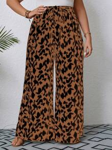 SHEIN CURVE+ Plus Allover Print Belted Wide Leg Summer Pants - Multicolor - View 4