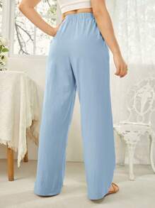 SHEIN Essnce Women's Solid Color High Waist Wide Leg Casual Pants With Belt And Pockets - Baby Blue - View 2