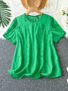 Linhara Plus Size Solid Color Hollow Out Embroidered Short Sleeve Shirt Summer